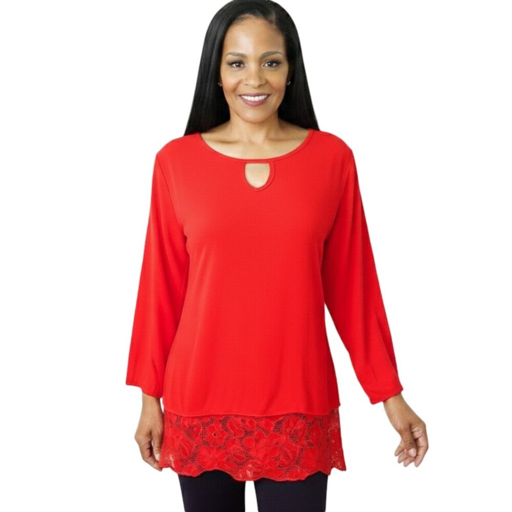 Creation - Women's Red Lace Hem Trim Blouse Dress
